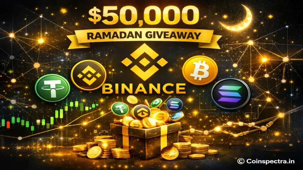 Binance Ramadan crypto giveaway promotion visual showing Binance logo, token rewards, and blockchain network background