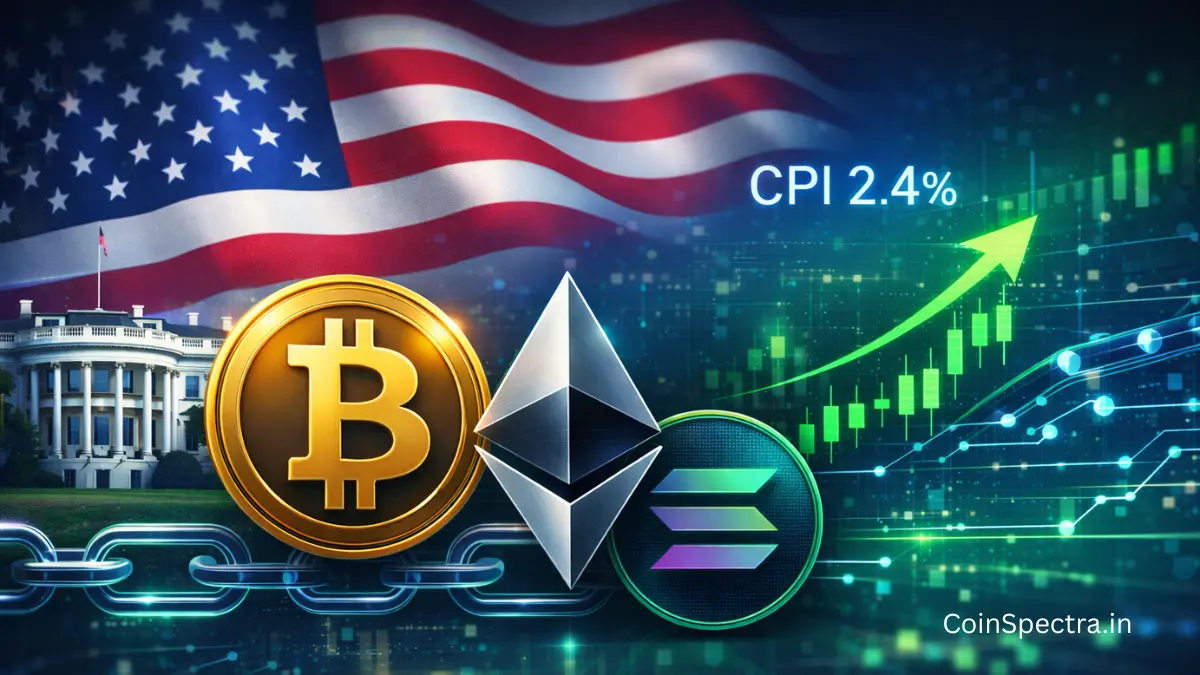 Bitcoin and Ethereum price rally after US CPI inflation data, featuring BTC ETH logos, rising CPI chart, US flag, White House backdrop, and blockchain network graphics
