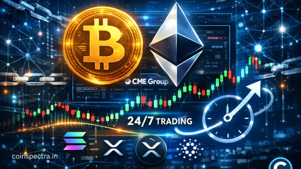 CME Group 24/7 crypto futures trading visual featuring Bitcoin and Ethereum logos with institutional trading interface and blockchain network background