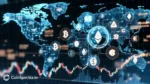 Global crypto market visualization with Bitcoin Ethereum Solana logos price candlestick charts and blockchain infrastructure grid – CoinSpectra.in