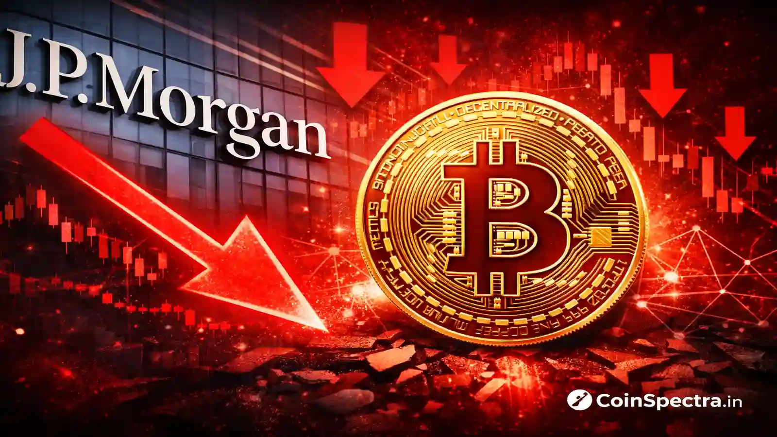 JPMorgan CEO warning Bitcoin financial crisis risk visual with JPMorgan logo, Bitcoin symbol, red downward arrows, and crypto market crash price chart