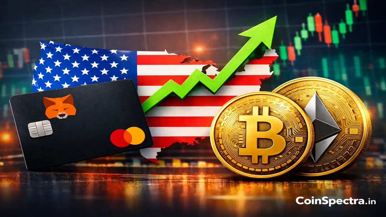 MetaMask Mastercard debit card US launch showing self-custody wallet spending, United States map, and crypto payment integration via Mastercard network