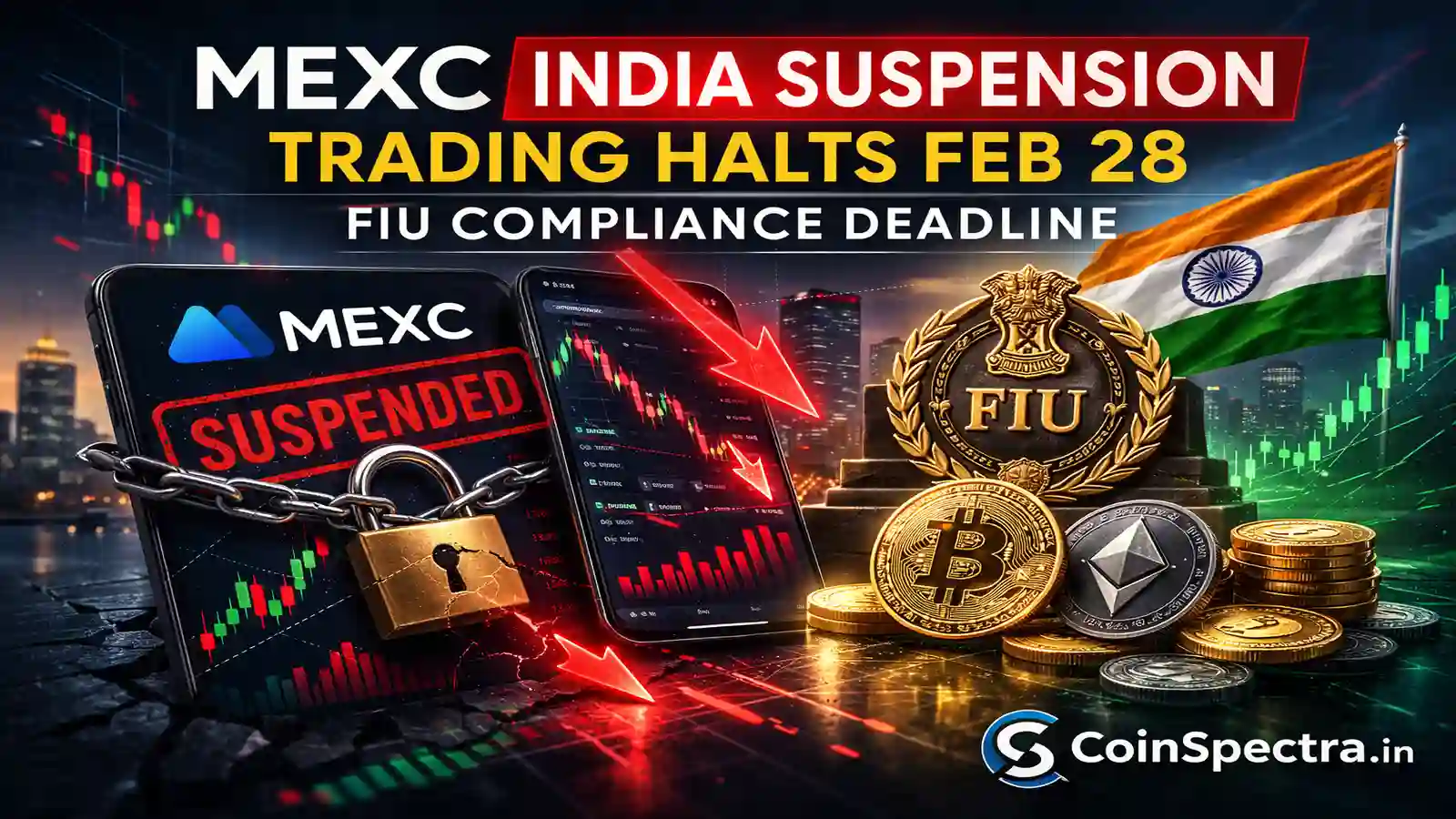 MEXC India Suspension trading halt announcement showing FIU compliance deadline and crypto market pressure