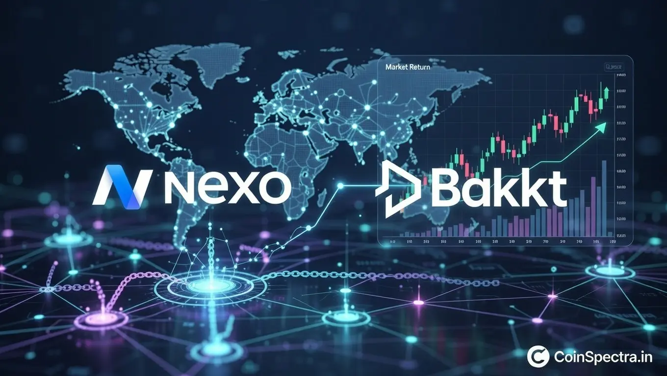 Nexo and Bakkt logos partnership thumbnail – US crypto market relaunch with blockchain network, bullish chart, and United States map outline