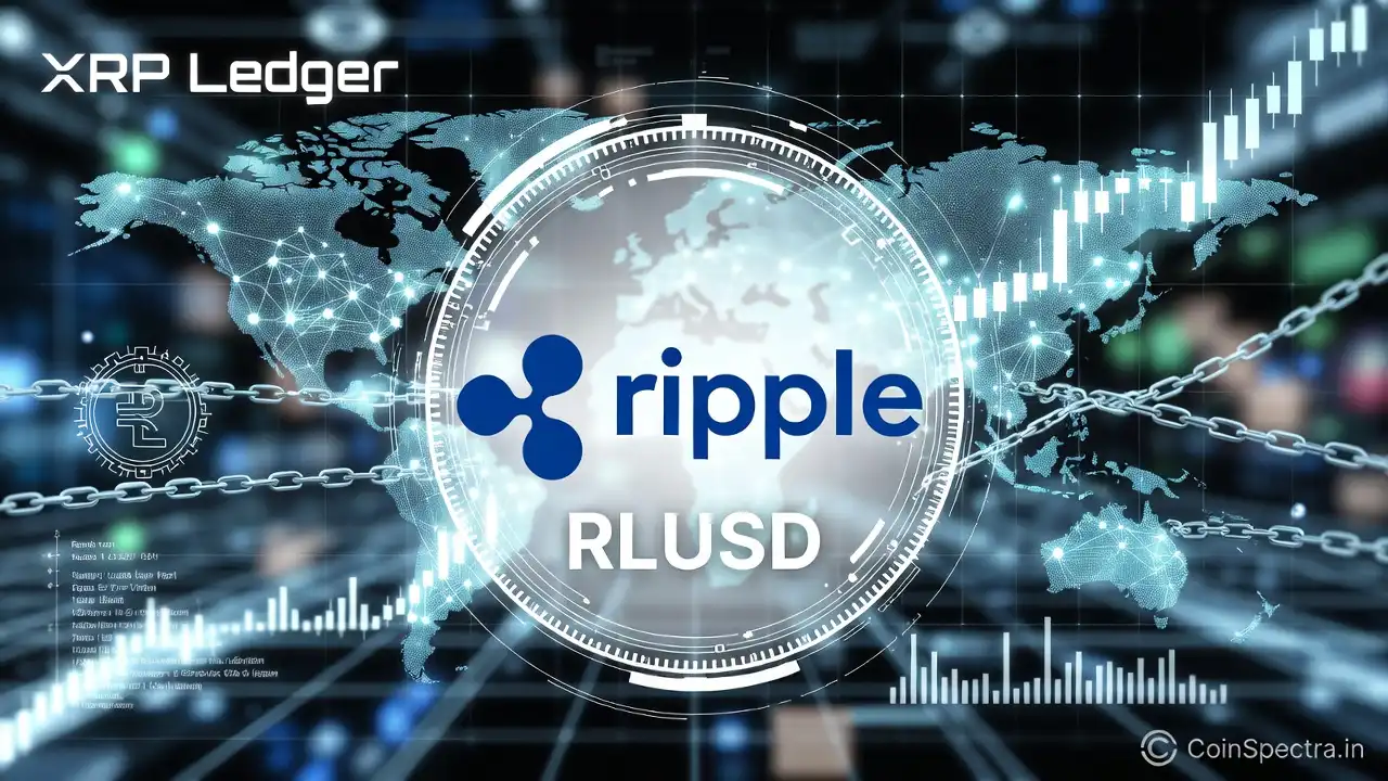 Ripple RLUSD stablecoin visual showing blockchain network, XRP Ledger integration, and $1.5B market cap growth