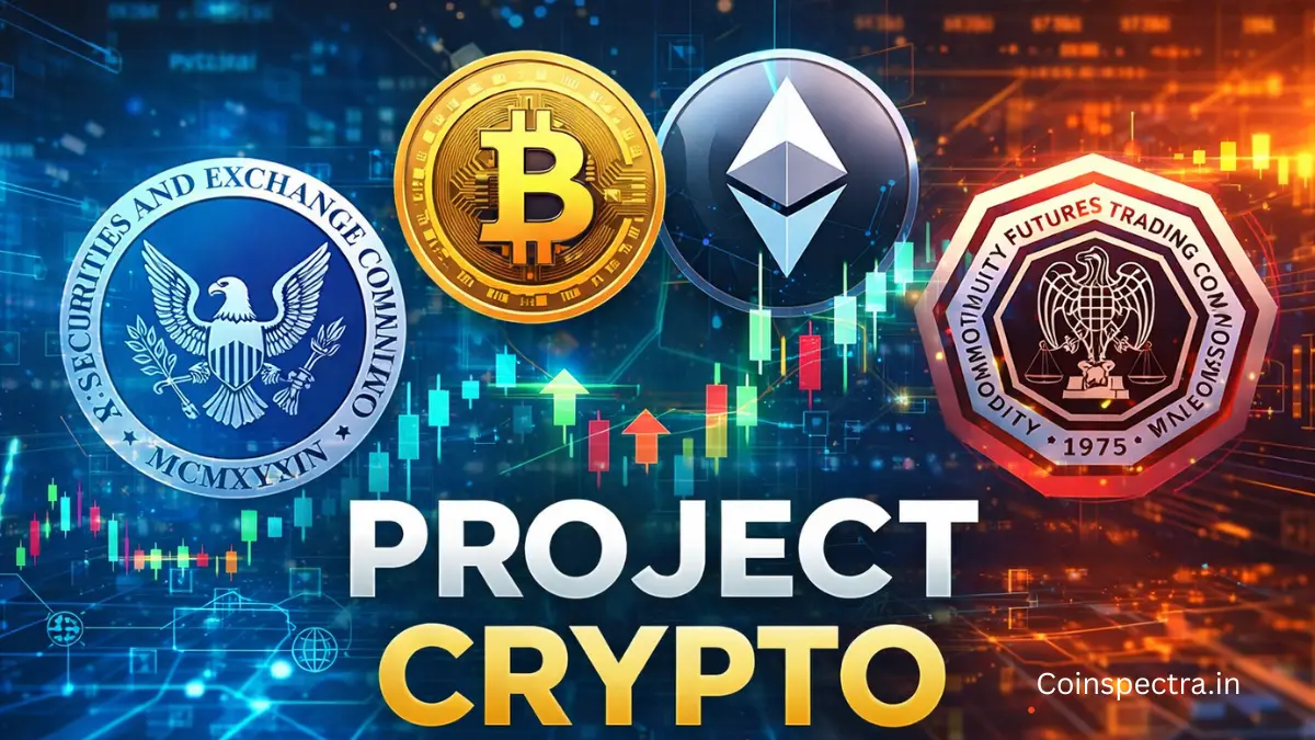 SEC and CFTC Project Crypto regulation visual with Bitcoin and Ethereum logos, crypto price chart, and blockchain network background showing unified crypto oversight framework