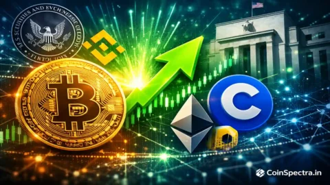 Bitcoin and crypto exchange ranking visual showing Binance, Coinbase, and Ethereum logos with bullish price chart, upward arrow, and blockchain network background highlighting crypto market dominance in 2026