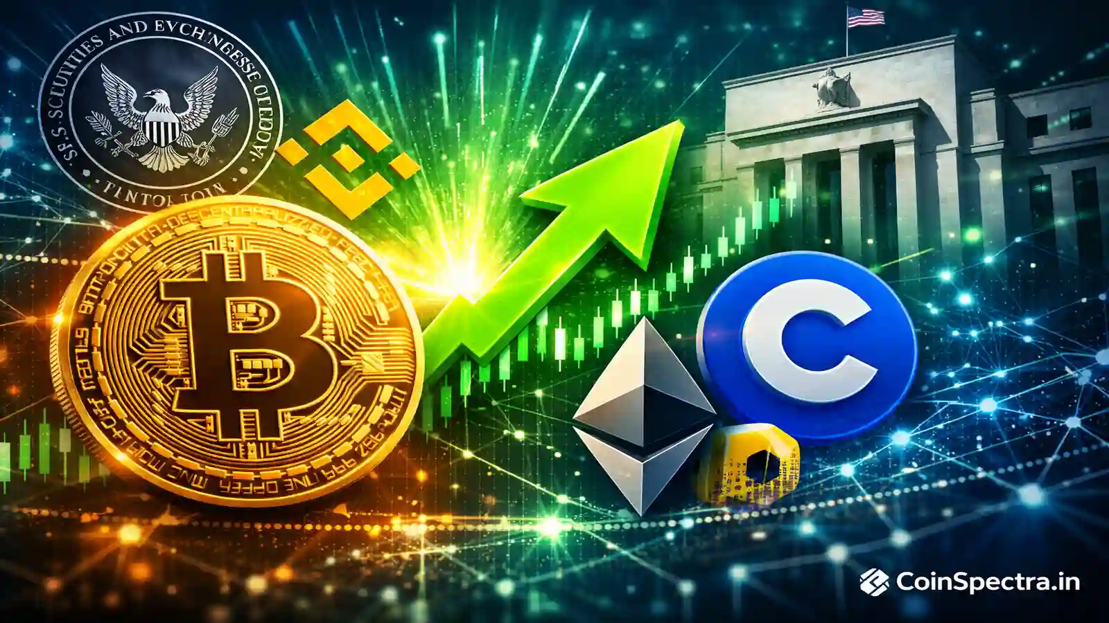 Bitcoin and crypto exchange ranking visual showing Binance, Coinbase, and Ethereum logos with bullish price chart, upward arrow, and blockchain network background highlighting crypto market dominance in 2026