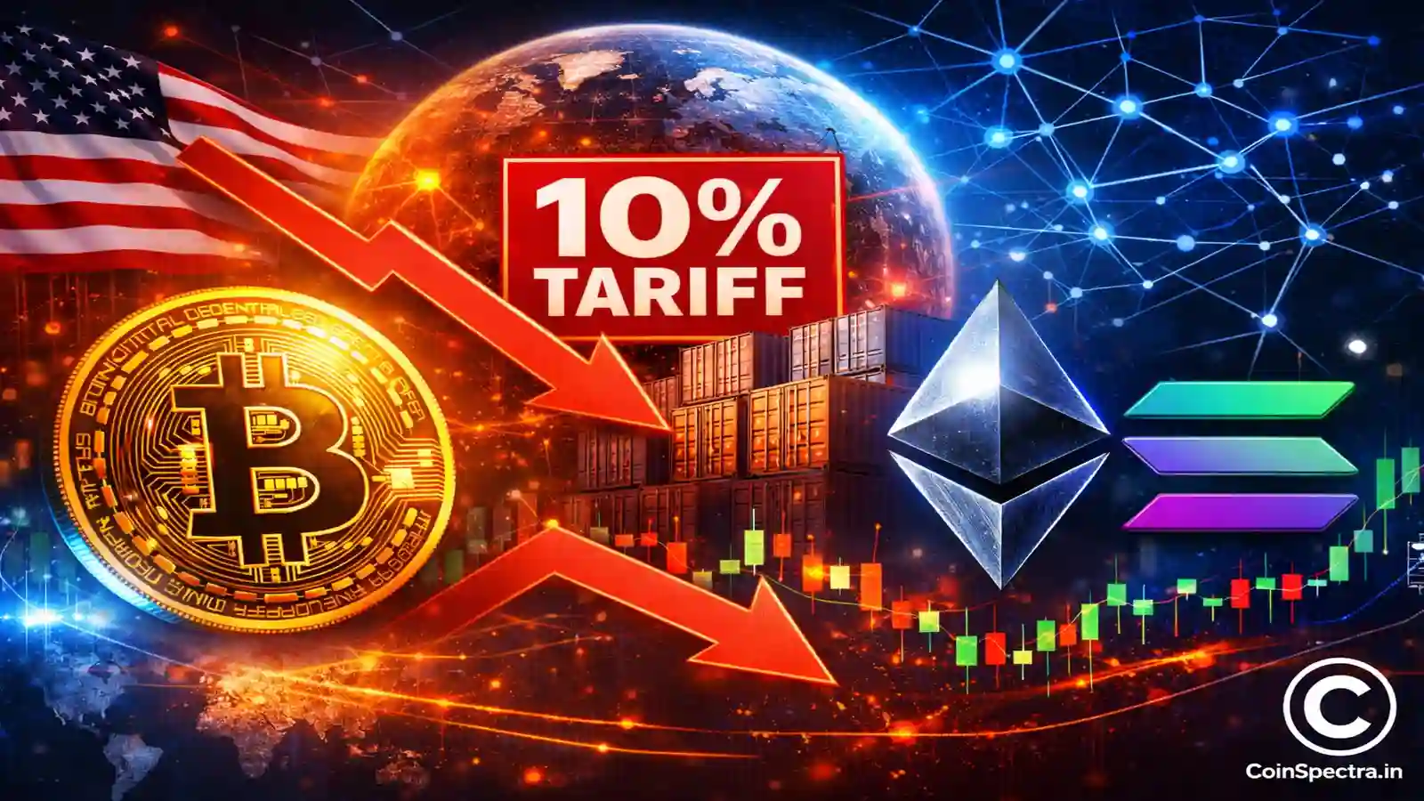 Bitcoin reacts to Trump 10% global tariff with crypto market volatility featuring BTC Ethereum Solana logos price chart candles and blockchain network background