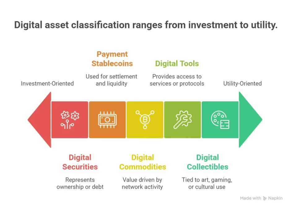 Diagram showing crypto asset classification from digital securities to digital commodities, stablecoins, tools, and collectibles based on utility and investment characteristics