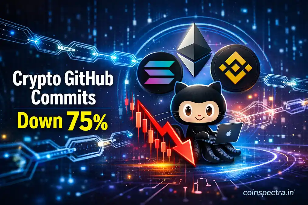 Crypto GitHub commits down 75% chart showing blockchain developer activity decline with Ethereum, Solana, and BNB logos and GitHub mascot illustrating AI impact on Web3 development