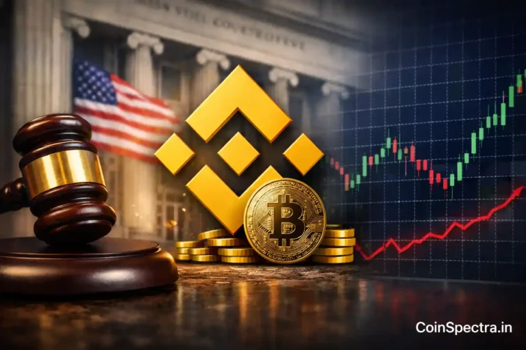 Binance US court dismissal ruling visual showing Binance logo, Bitcoin coin, court gavel and crypto market chart after terrorism claims case dismissal
