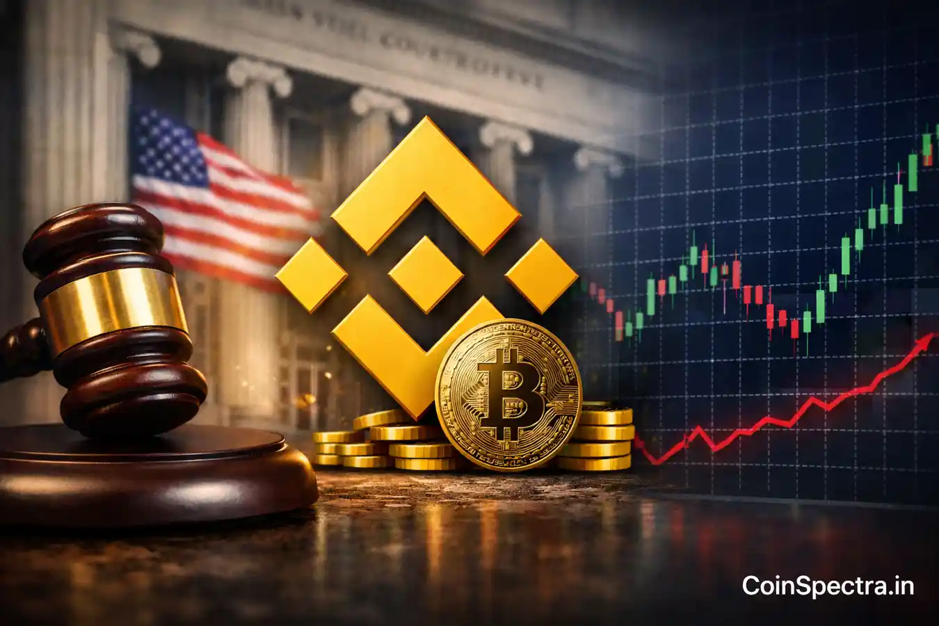 Binance US court dismissal ruling visual showing Binance logo, Bitcoin coin, court gavel and crypto market chart after terrorism claims case dismissal