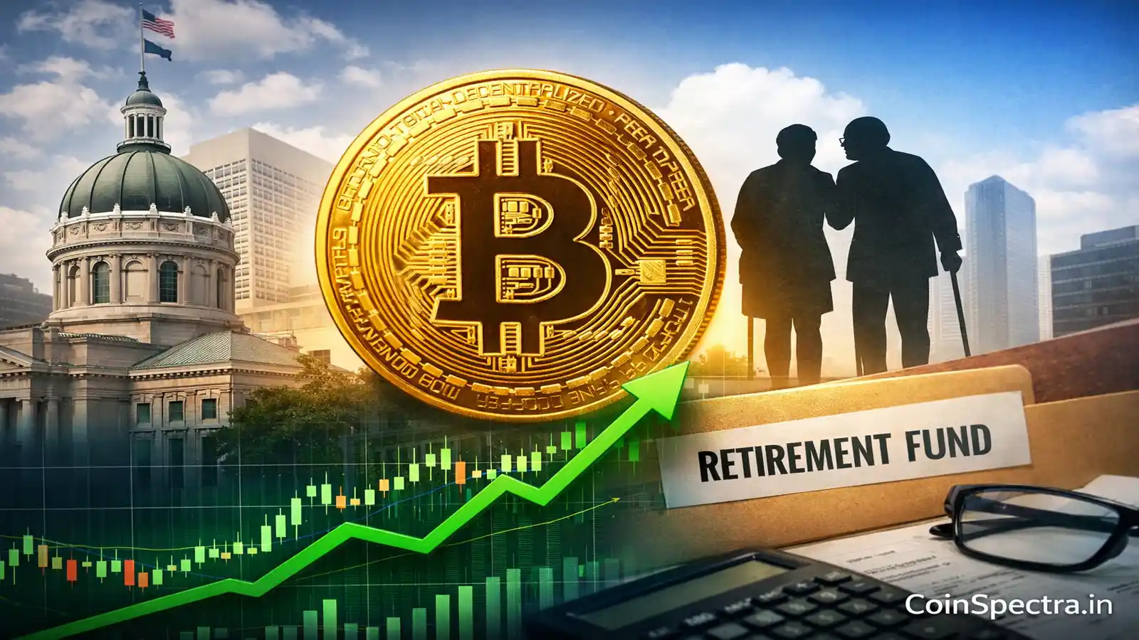 Bitcoin retirement plans Indiana law institutional adoption showing Bitcoin coin near state government building with rising crypto market chart indicating pension fund exposure