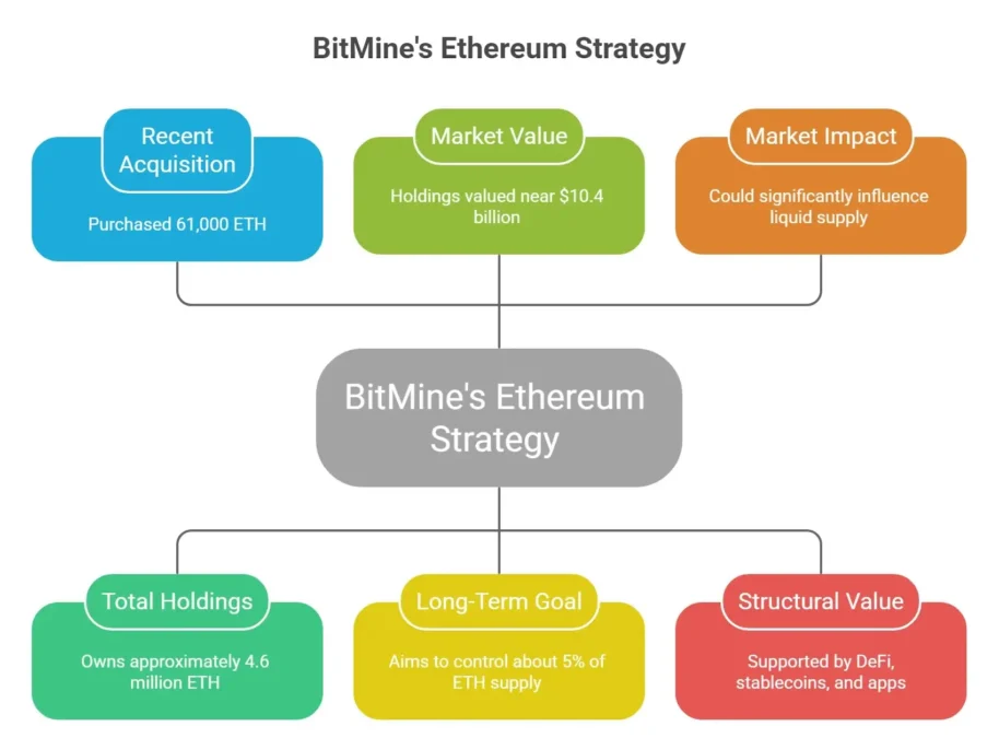 Infographic explaining BitMine Ethereum strategy showing 61,000 ETH acquisition, total holdings near 4.6 million ETH worth about $10.4 billion, and goal to control 5% of Ethereum supply impacting market liquidity.