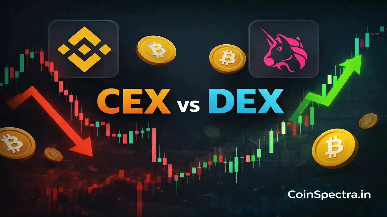 CEX vs DEX structural shift visual showing Binance and Uniswap with opposing market trend charts highlighting crypto custody and liquidity divide
