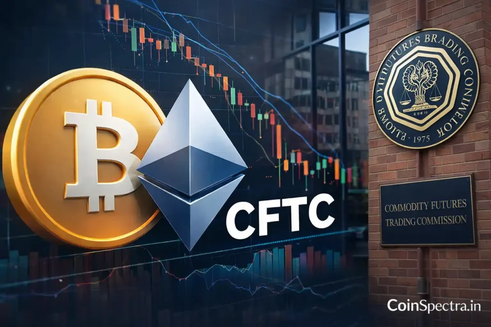 CFTC crypto regulation framework announcement showing Bitcoin logo, Ethereum symbol, and Commodity Futures Trading Commission building representing new U.S. crypto asset taxonomy and DeFi regulatory guidance.