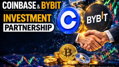 Coinbase and Bybit investment partnership visual showing exchange logos, crypto price charts, Bitcoin and Ethereum coins, and blockchain network graphics