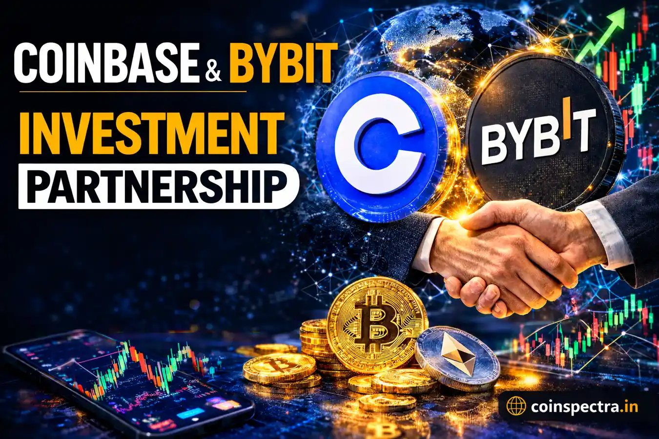 Coinbase and Bybit investment partnership visual showing exchange logos, crypto price charts, Bitcoin and Ethereum coins, and blockchain network graphics