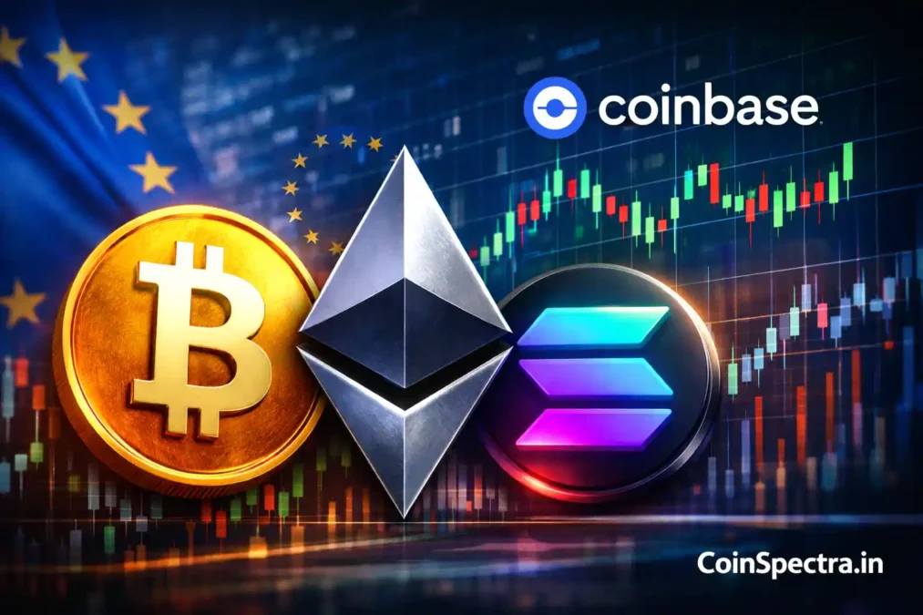 Coinbase crypto futures Europe launch showing Bitcoin, Ethereum and Solana with EU symbols representing regulated derivatives trading expansion in European markets