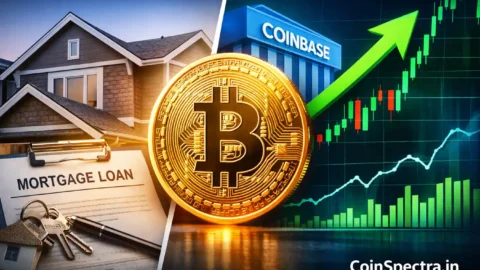 Crypto-backed mortgages launch with Bitcoin collateral for home loans, showing a house, mortgage document, Bitcoin coin, Coinbase branding and bullish market chart