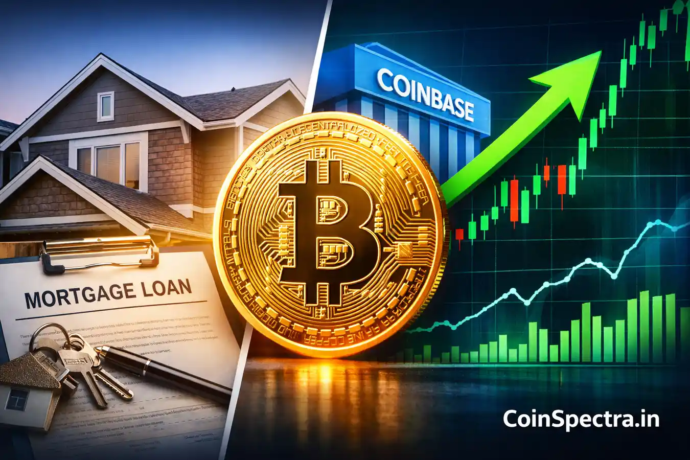 Crypto-backed mortgages launch with Bitcoin collateral for home loans, showing a house, mortgage document, Bitcoin coin, Coinbase branding and bullish market chart