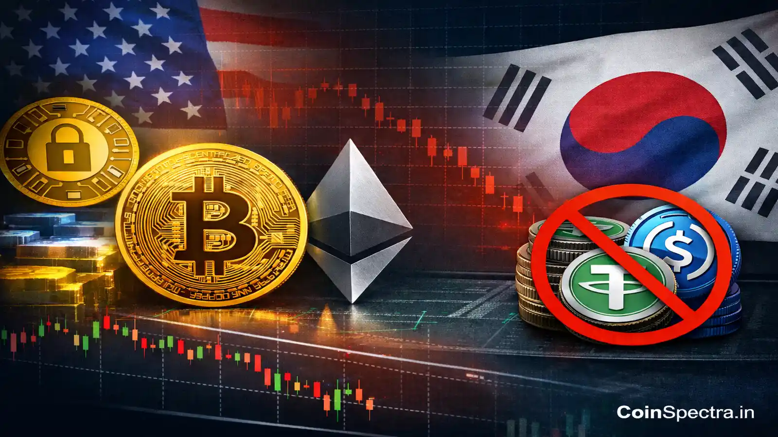 Crypto market wrap tokenization policy shift showing Bitcoin and Ethereum with U.S. regulatory backdrop and South Korea stablecoin ban impacting global crypto markets