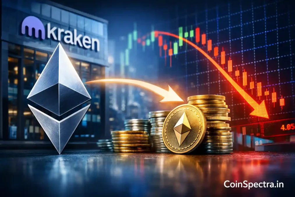 Ethereum whale transfer showing Jeffrey Wilcke ETH deposit to Kraken exchange with Ethereum logo, stacked ETH coins, and declining market chart