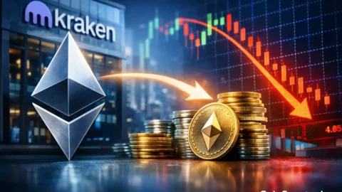 Ethereum whale transfer showing Jeffrey Wilcke ETH deposit to Kraken exchange with Ethereum logo, stacked ETH coins, and declining market chart