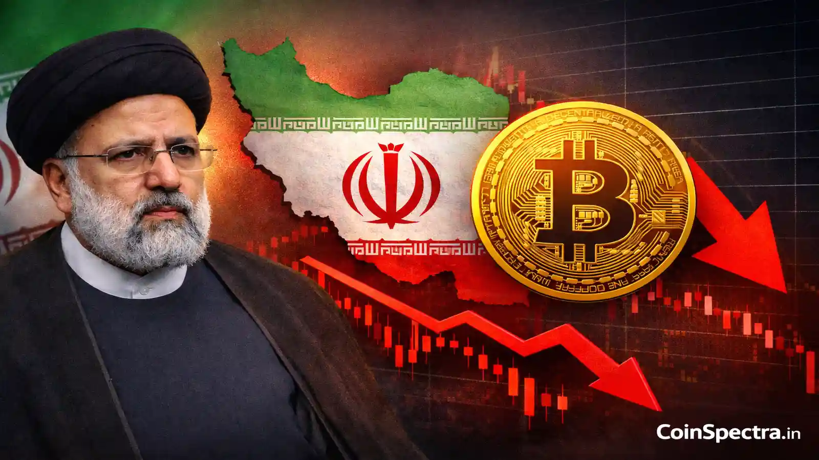 Iran crypto flows under U.S. scrutiny showing Bitcoin logo, Iran geography map, and downward market pressure signal amid sanctions tightening