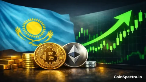 Kazakhstan central bank crypto reserve investment announcement showing Kazakhstan flag with Bitcoin and Ethereum coins and rising crypto market chart signaling sovereign digital asset adoption