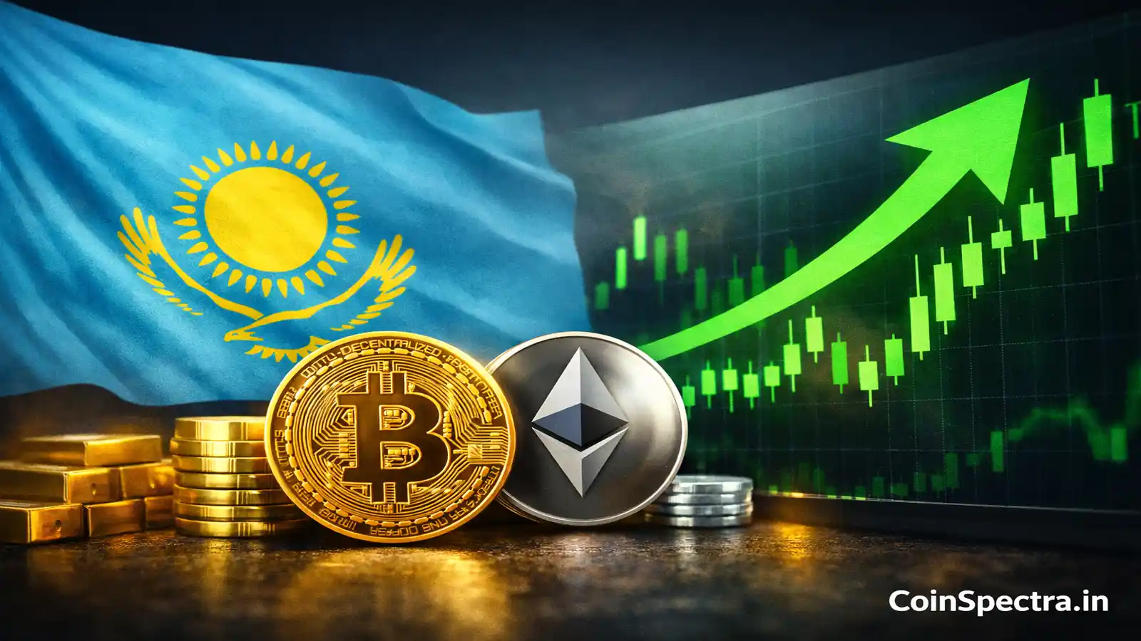 Kazakhstan central bank crypto reserve investment announcement showing Kazakhstan flag with Bitcoin and Ethereum coins and rising crypto market chart signaling sovereign digital asset adoption