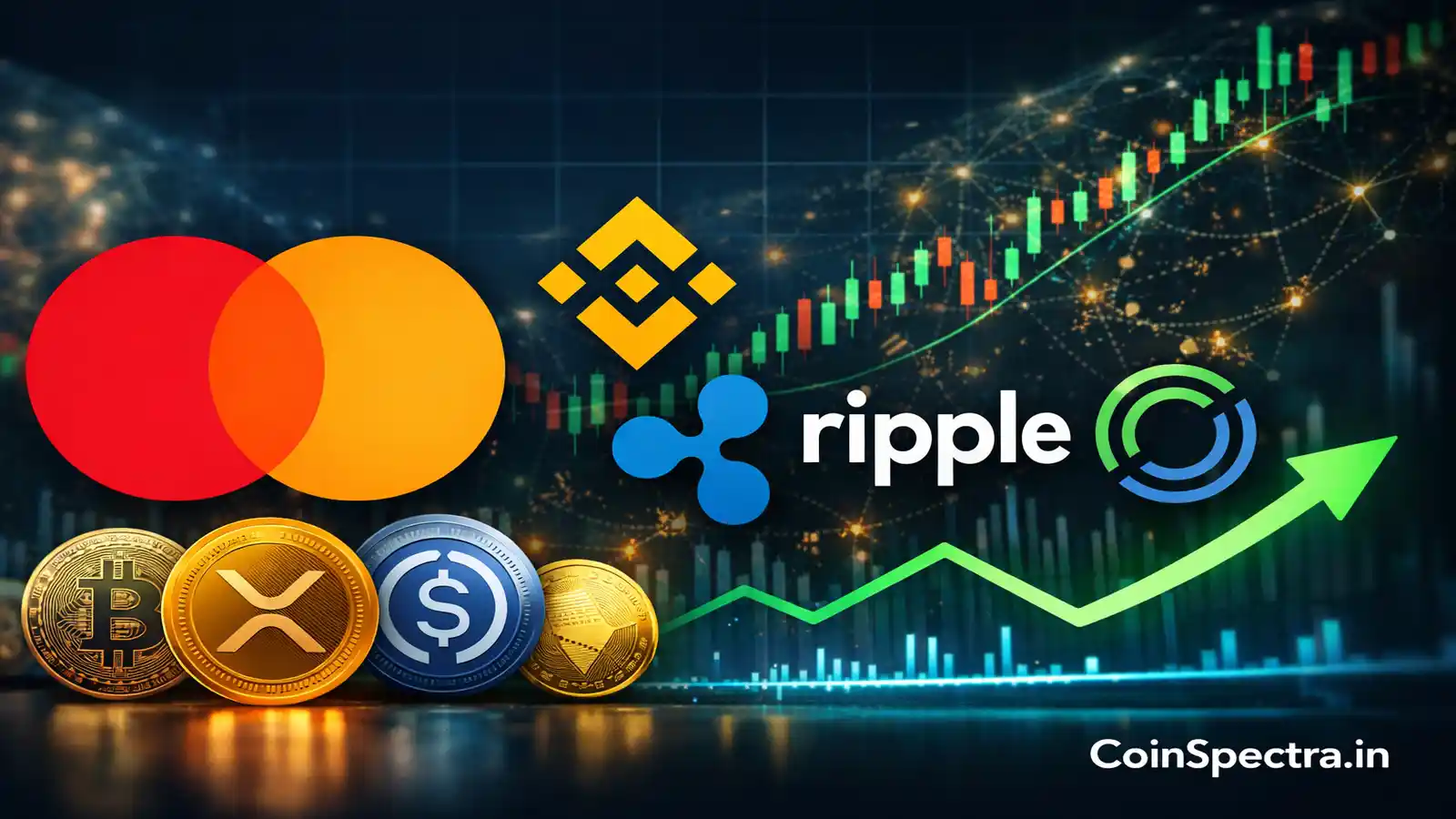 Mastercard crypto partner program announcement showing Mastercard, Binance, Ripple and stablecoin logos with rising digital payments chart signaling institutional blockchain adoption