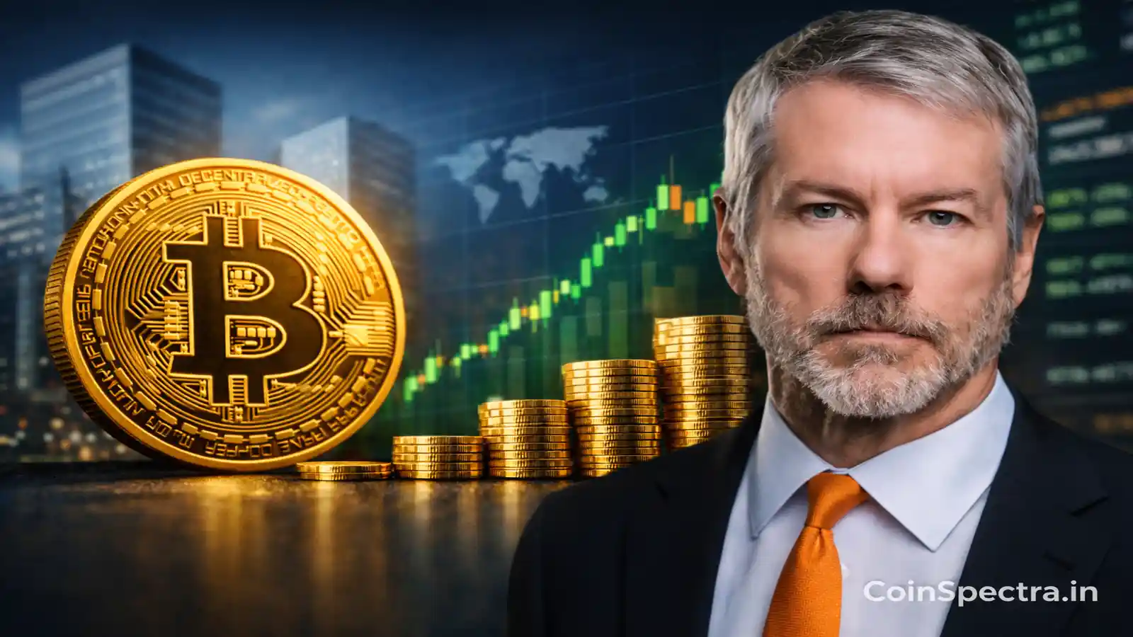 MicroStrategy Bitcoin accumulation event showing Michael Saylor with Bitcoin treasury growth chart amid institutional buying trend