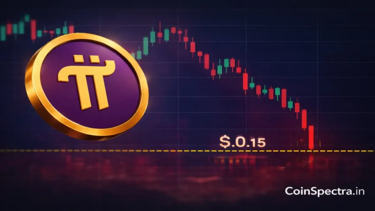 Pi Coin price decline testing $0.15 support level with bearish candlestick structure during Open Mainnet delay phase