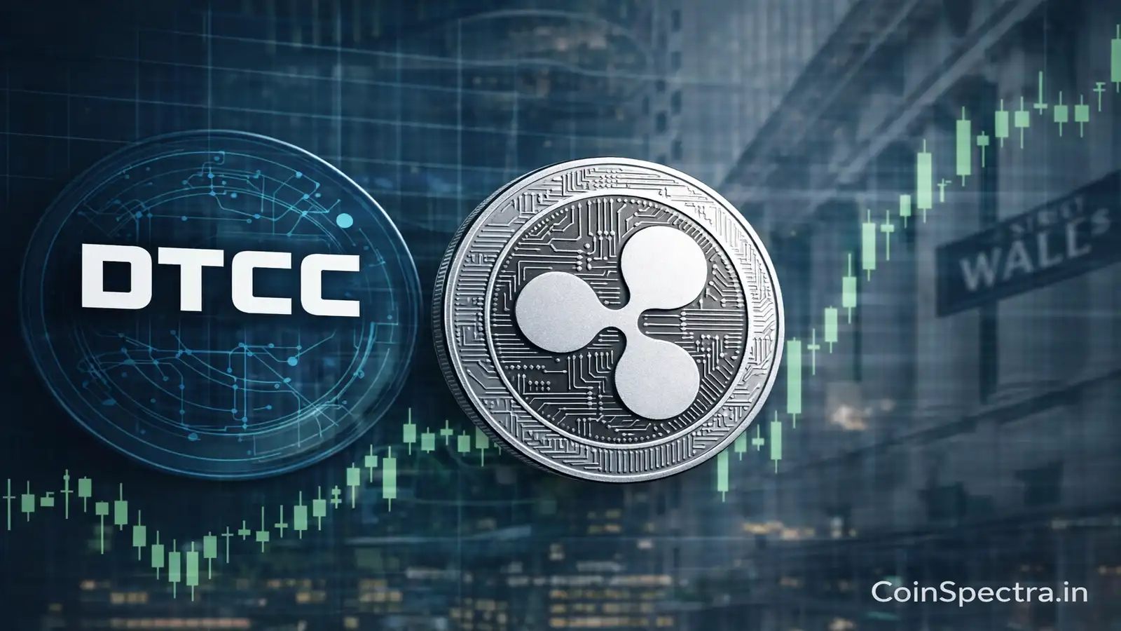 Ripple DTCC integration news showing XRP logo beside DTCC emblem with rising market chart and Wall Street backdrop indicating institutional settlement shift