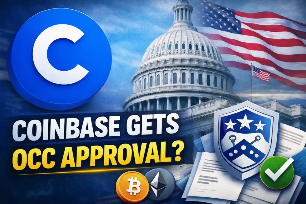 Coinbase OCC approval thumbnail showing Coinbase logo, U.S. Capitol, Bitcoin and Ethereum logos, and crypto regulation theme