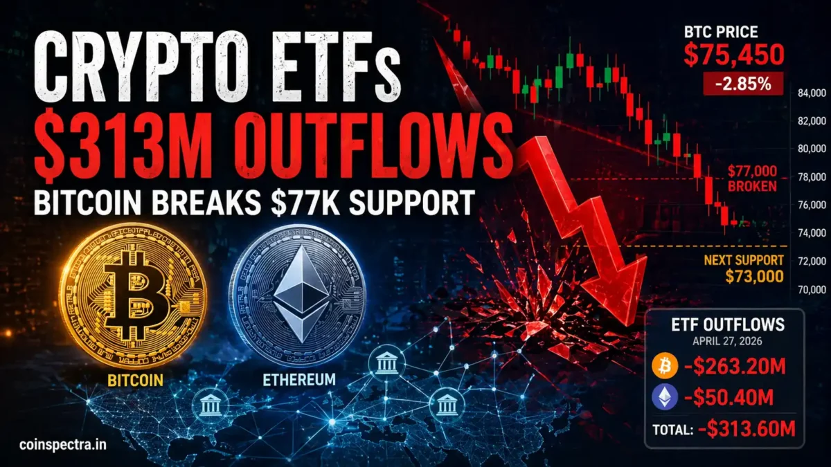 Bitcoin ETF outflows impact visual showing Bitcoin and Ethereum price drop, $313M crypto ETF outflows, BTC breaking $77,000 support with bearish price chart and next support at $73K