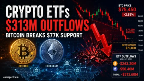 Bitcoin ETF outflows impact visual showing Bitcoin and Ethereum price drop, $313M crypto ETF outflows, BTC breaking $77,000 support with bearish price chart and next support at $73K