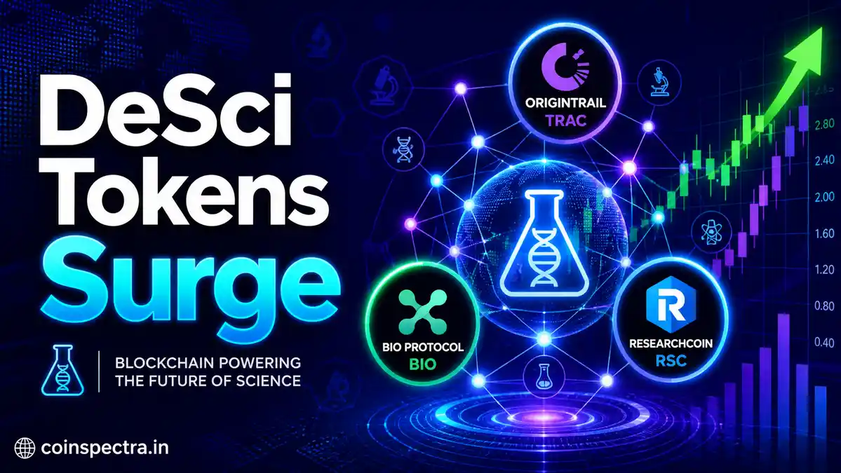 Decentralized Science DeSci tokens surge visual with OriginTrail TRAC Bio Protocol BIO ResearchCoin RSC logos blockchain network and crypto price chart