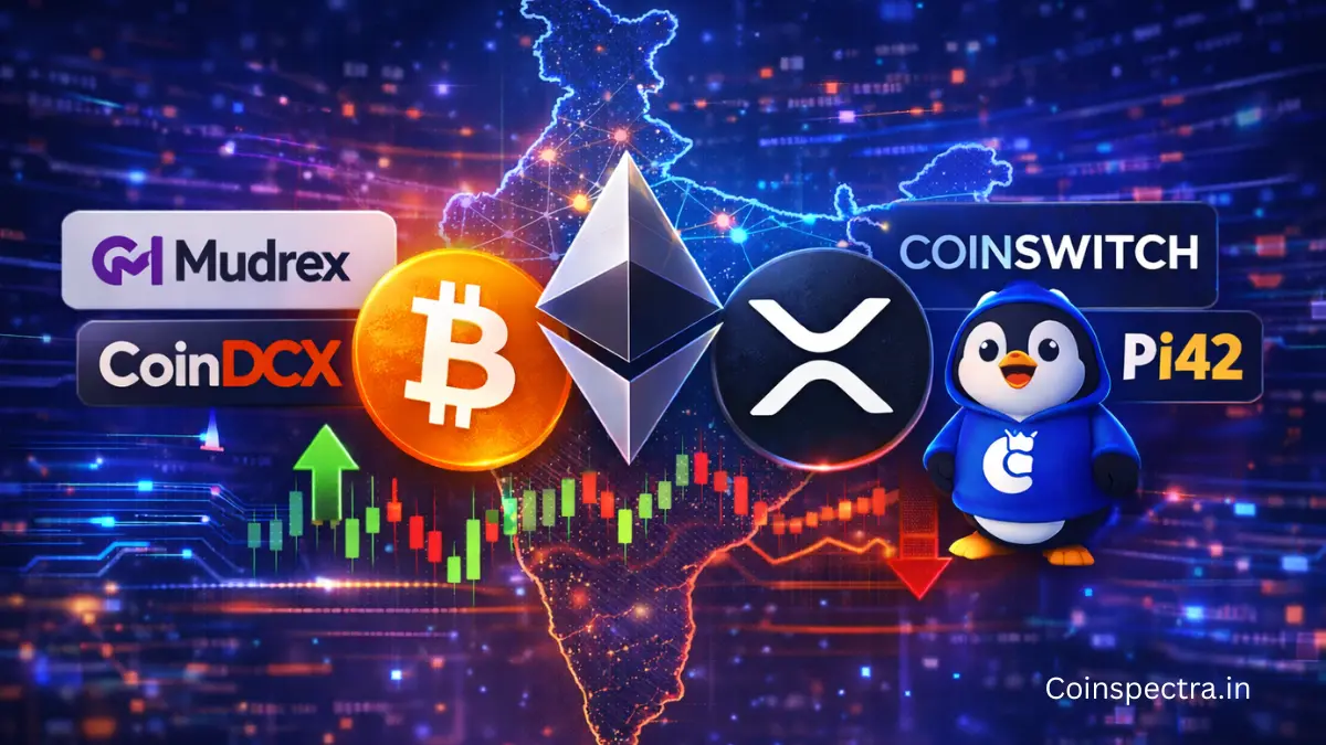 Indian crypto exchanges comparison showing Bitcoin, Ethereum, and XRP with price charts over a digital India blockchain map, highlighting CoinDCX, CoinSwitch, Mudrex, and Pi42 in 2026