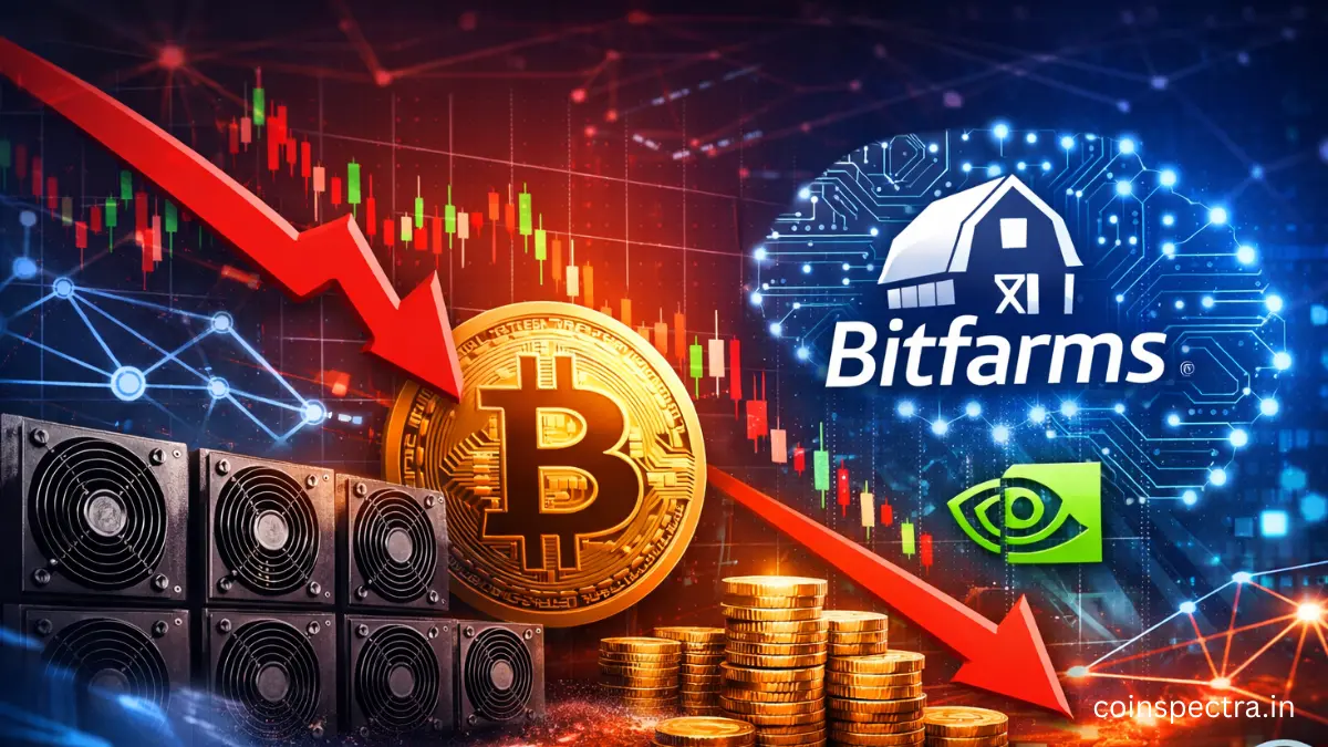 Bitcoin mining shutdowns in 2026 showing falling BTC price chart, Bitcoin logo, mining rigs powering down, Bitfarms and Nvidia AI infrastructure graphics