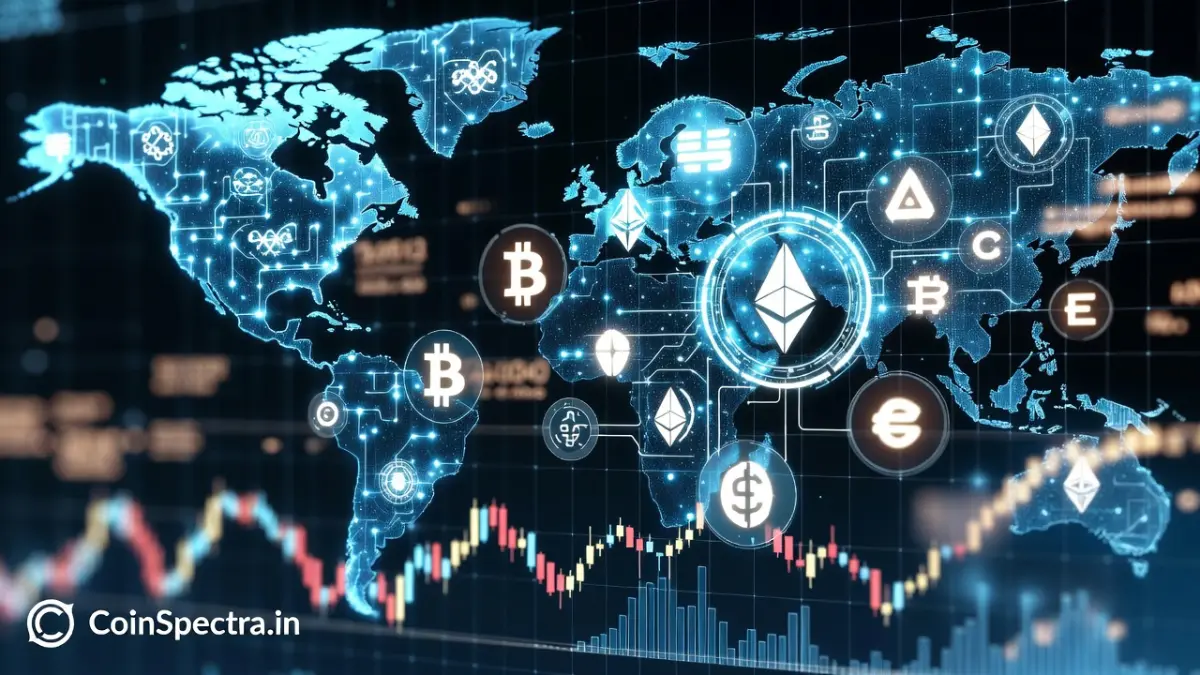 Global crypto market visualization with Bitcoin Ethereum Solana logos price candlestick charts and blockchain infrastructure grid – CoinSpectra.in