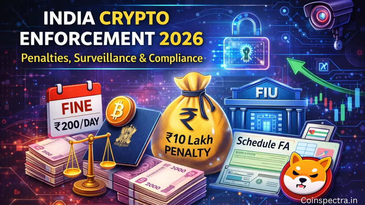 India crypto enforcement 2026 visual showing ₹200 per day penalty, ₹10 lakh Schedule FA fine, FIU surveillance, identity verification, and crypto compliance rules.