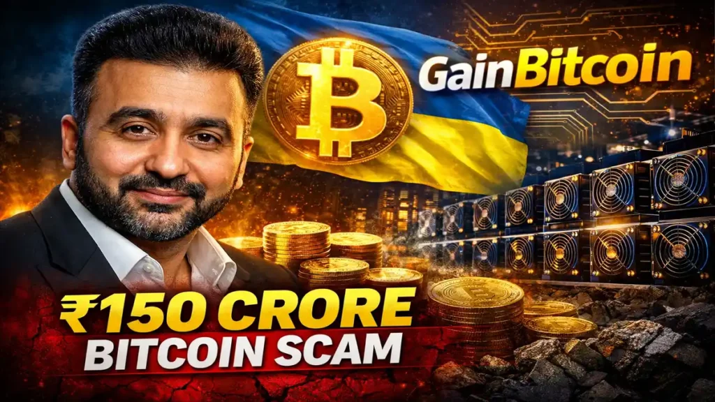 Raj Kundra Bitcoin scam bail news visual with GainBitcoin logo, Bitcoin symbol, Ukraine flag, and crypto mining rigs representing ₹150 crore GainBitcoin investigation