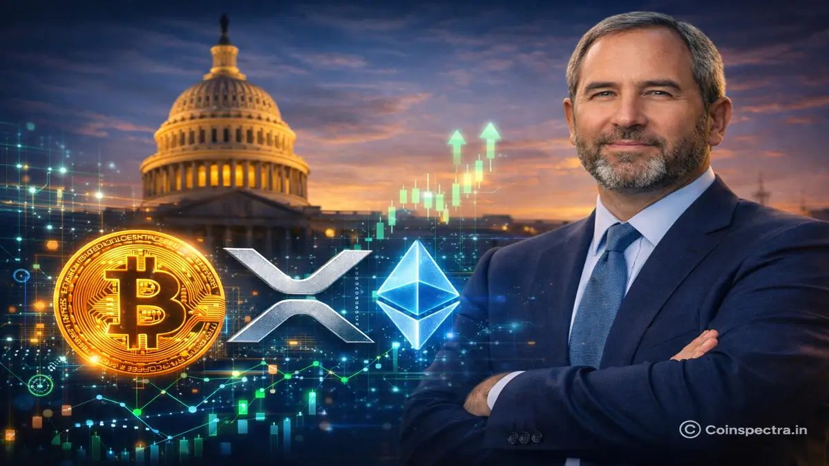 Ripple CEO Brad Garlinghouse CLARITY Act crypto regulation visual with XRP, Bitcoin, Ethereum logos, blockchain network graphics, and bullish crypto price chart illustration