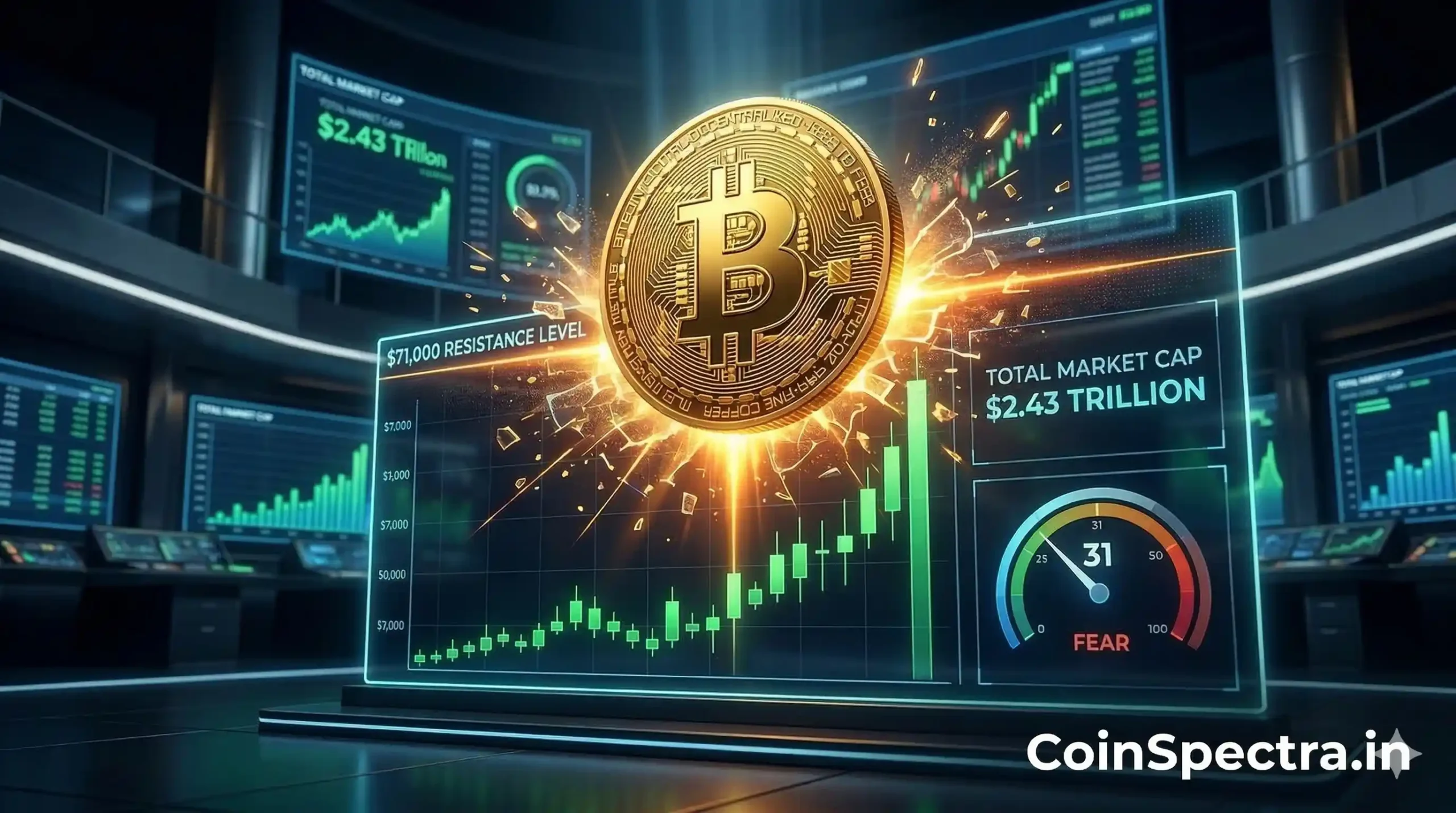 Bitcoin $71K breakout shattering digital resistance barrier on financial chart driving crypto market recovery amidst high retail fear.