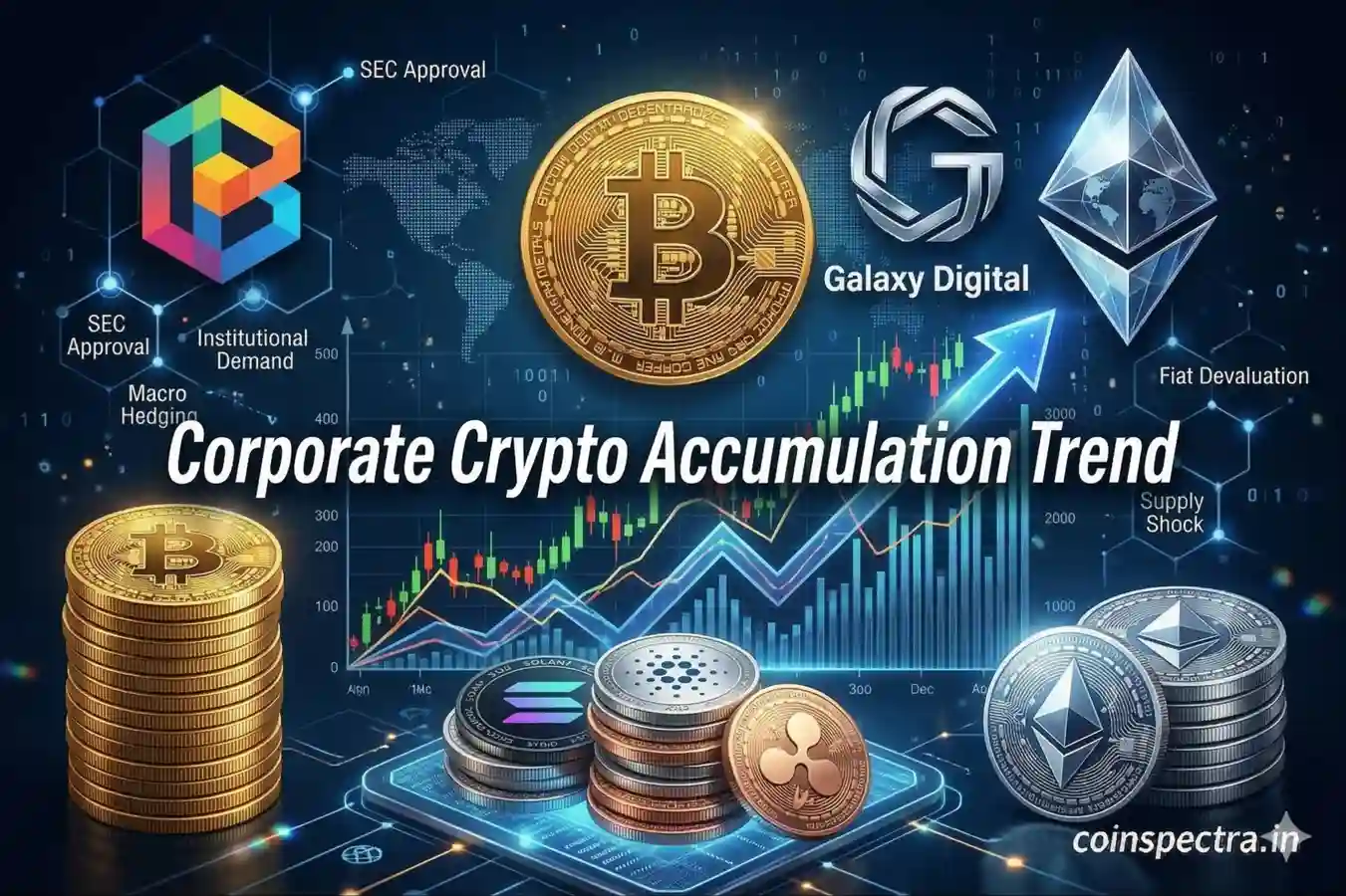 Corporate Crypto Accumulation Trend visualized with Bitcoin, Ethereum, Solana, and XRP tokens, featuring Block and Galaxy Digital logos alongside a bullish market price chart and blockchain network diagram.