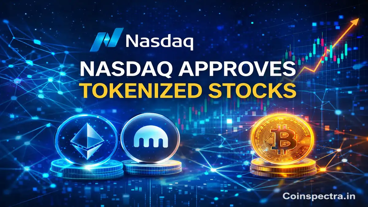 Nasdaq tokenized stocks announcement visual with Bitcoin and Ethereum icons, blockchain network background, and rising price chart