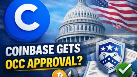 Coinbase OCC approval thumbnail showing Coinbase logo, U.S. Capitol, Bitcoin and Ethereum logos, and crypto regulation theme